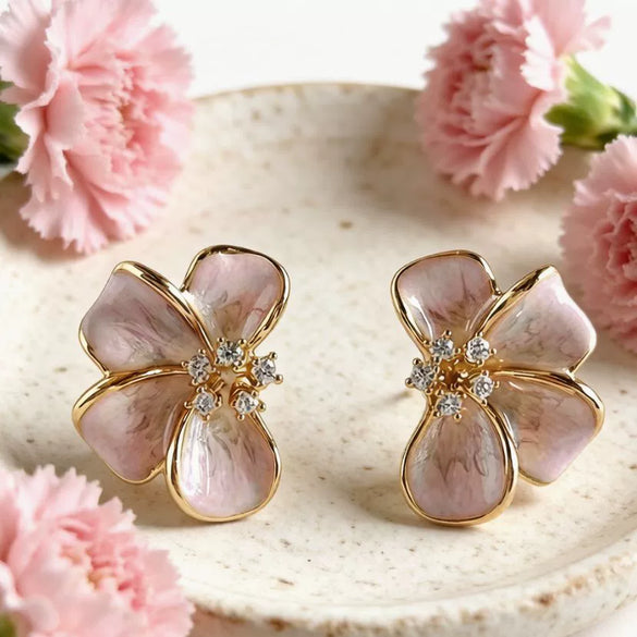 Women's Sweet Pink Enamel Flower Earrings With Alloy Body Steel Needle Posts And Drip Oil Finish