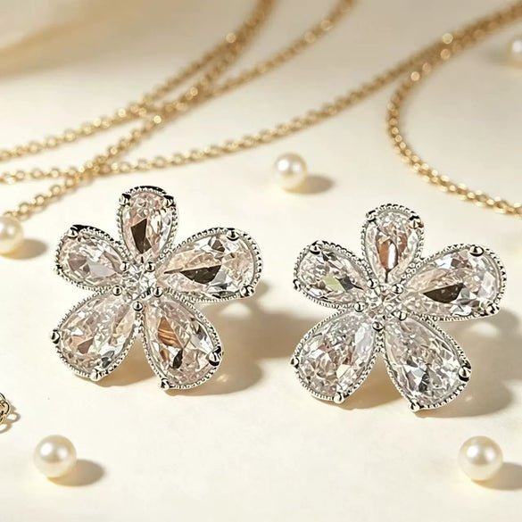 Women's Sweet Style Flower Earrings With Zircon Inlay Metal Floral Studs With Copper Ear Needles