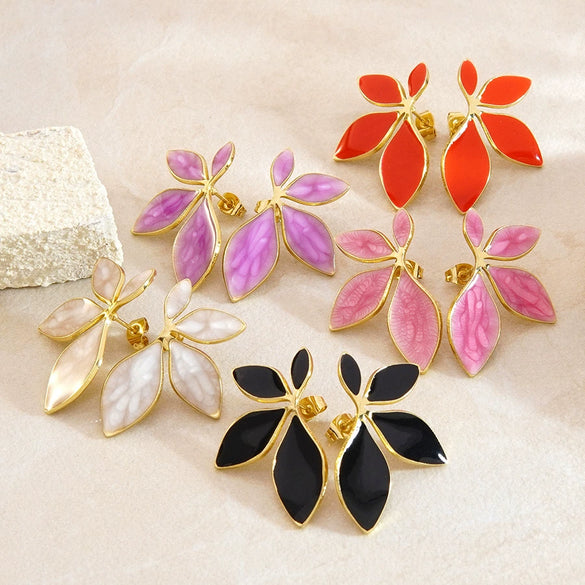 Women's Sweet Style Stainless Steel Enamel Flower Tassel Stud Earrings Half Flower Design With Dripping Glaze Finish