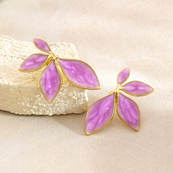 Women's Sweet Style Stainless Steel Enamel Flower Tassel Stud Earrings Half Flower Design With Dripping Glaze Finish