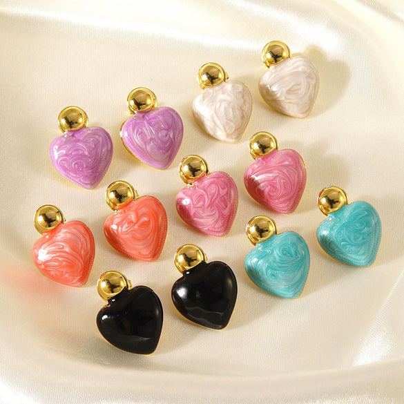 Women's Sweet Style Stainless Steel Enamel Heart Earrings With Electroplated Geometric Design