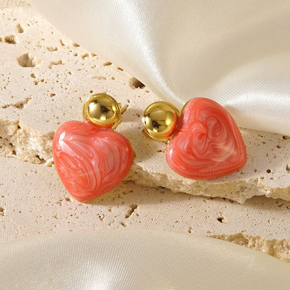 Women's Sweet Style Stainless Steel Enamel Heart Earrings With Electroplated Geometric Design