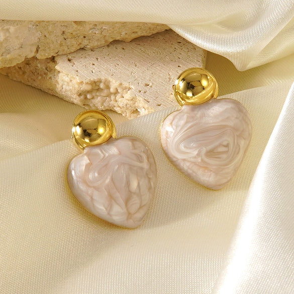 Women's Sweet Style Stainless Steel Enamel Heart Earrings With Electroplated Geometric Design