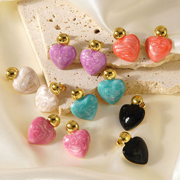 Women's Sweet Style Stainless Steel Enamel Heart Earrings With Electroplated Geometric Design