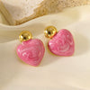 Women's Sweet Style Stainless Steel Enamel Heart Earrings With Electroplated Geometric Design