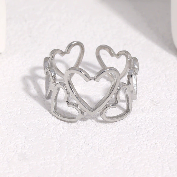 Women's Sweet Style Stainless Steel Open Ring With Heart Shape Hollow Out Design And Electroplated Gold Tone Finish