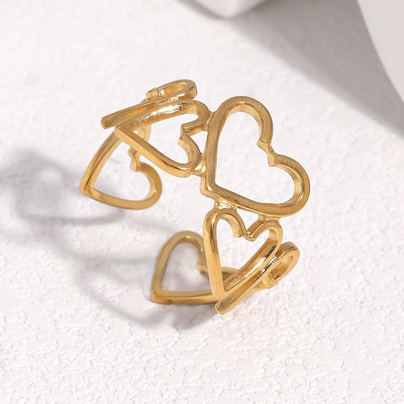 Women's Sweet Style Stainless Steel Open Ring With Heart Shape Hollow Out Design And Electroplated Gold Tone Finish