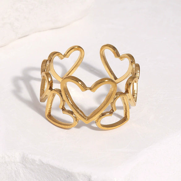 Women's Sweet Style Stainless Steel Open Ring With Heart Shape Hollow Out Design And Electroplated Gold Tone Finish