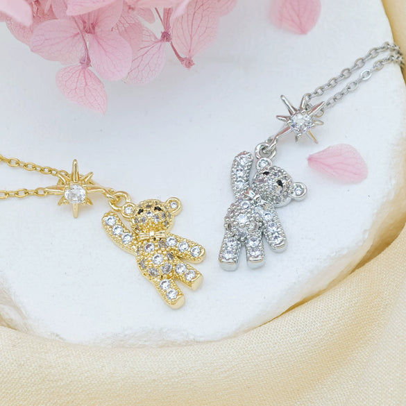 Women's Sweet Style Titanium Steel And Copper Necklace With Cute Bear Pendant Real Gold Plated For Allmatch Fashion