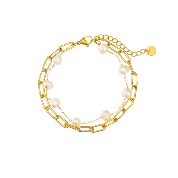 Women's Sweet Style Titanium Steel And Stainless Steel Twolayer Pearl Splicing Electroplated Bracelet Jewelry