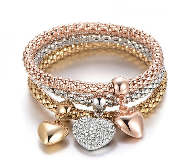 Women's Three Color Alloy Bracelet Set With Rhinestone Heart Pendant Elastic Chain Personality Style Jewelry
