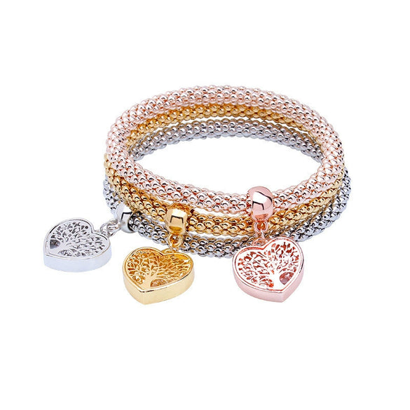 Women's Three Color Alloy Bracelet Set With Rhinestone Heart Pendant Elastic Chain Personality Style Jewelry