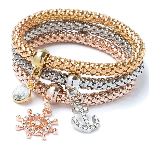 Women's Three Color Alloy Bracelet Set With Rhinestone Heart Pendant Elastic Chain Personality Style Jewelry