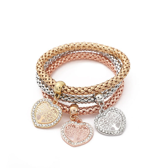 Women's Three Color Alloy Bracelet Set With Rhinestone Heart Pendant Elastic Chain Personality Style Jewelry