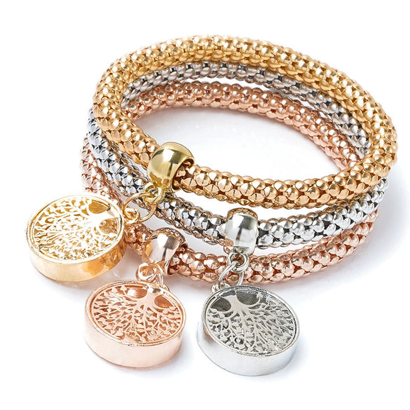 Women's Three Color Alloy Bracelet Set With Rhinestone Heart Pendant Elastic Chain Personality Style Jewelry