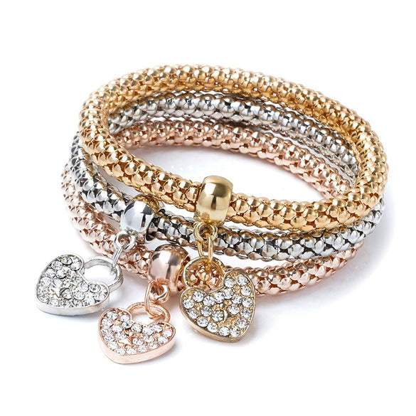 Women's Three Color Alloy Bracelet Set With Rhinestone Heart Pendant Elastic Chain Personality Style Jewelry