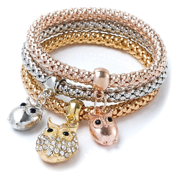 Women's Three Color Alloy Bracelet Set With Rhinestone Heart Pendant Elastic Chain Personality Style Jewelry