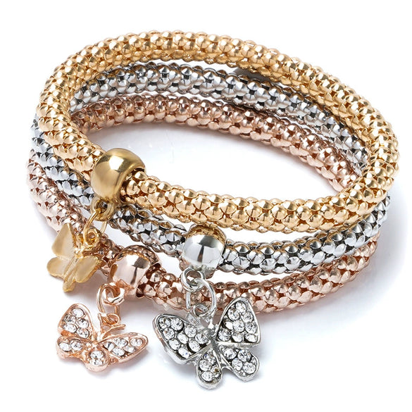 Women's Three Color Alloy Bracelet Set With Rhinestone Heart Pendant Elastic Chain Personality Style Jewelry