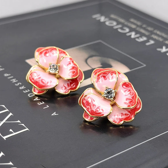 Women's Three Dimensional Flower Stud Earrings With 925 Silver Posts And Drip Oil Finish Alloy Floral Jewelry