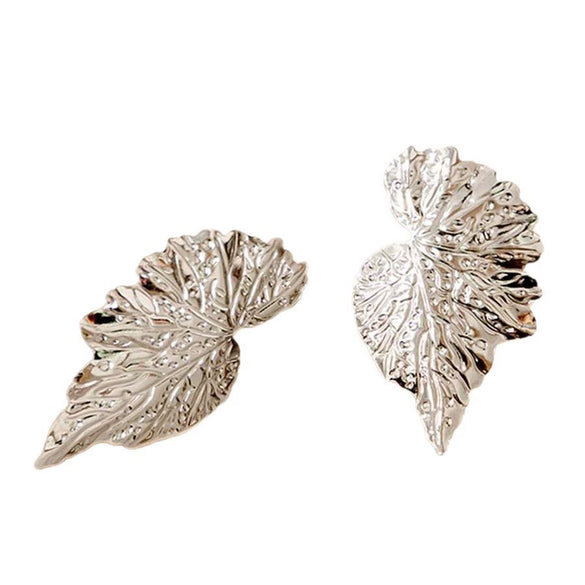 Women's Threedimensional Leaf Statement Earrings Electroplated Iron Alloy With Carved Botanical Design And Stainless Steel Ear Posts