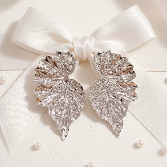 Women's Threedimensional Leaf Statement Earrings Electroplated Iron Alloy With Carved Botanical Design And Stainless Steel Ear Posts