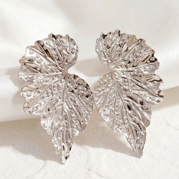 Women's Threedimensional Leaf Statement Earrings Electroplated Iron Alloy With Carved Botanical Design And Stainless Steel Ear Posts