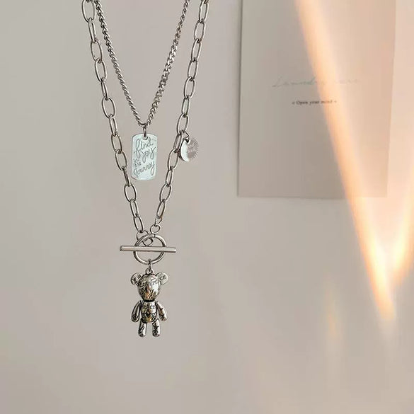 Women's Titanium Steel Alloy Bear Pendant Doublelayer Sweater Chain Hiphop Accessories With Polishing Treatment And Animal Pattern