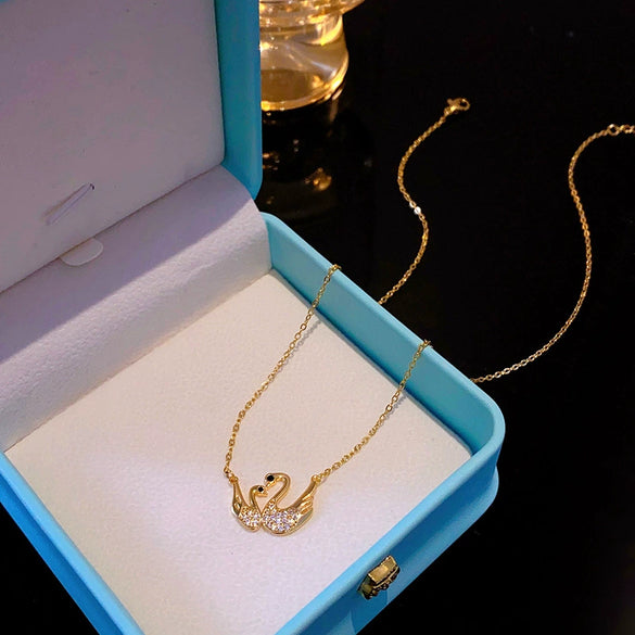 Women's Titanium Steel And Copper Double Swan Necklace With Geometric Pattern And Diamond Treatment