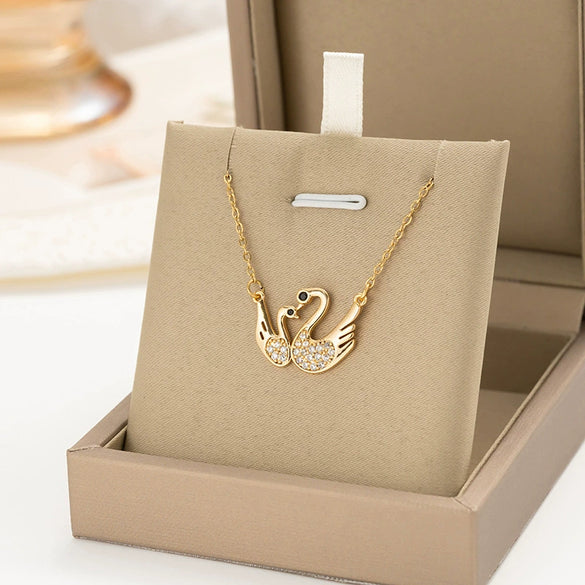 Women's Titanium Steel And Copper Double Swan Necklace With Geometric Pattern And Diamond Treatment