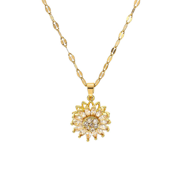 Women's Titanium Steel And Copper Doublelayer Rotatable Sunflower Light Luxury Style Diamond Clavicle Necklace With Geometric Pattern And Cross Chain