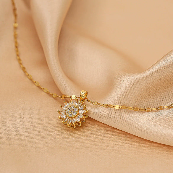 Women's Titanium Steel And Copper Doublelayer Rotatable Sunflower Light Luxury Style Diamond Clavicle Necklace With Geometric Pattern And Cross Chain