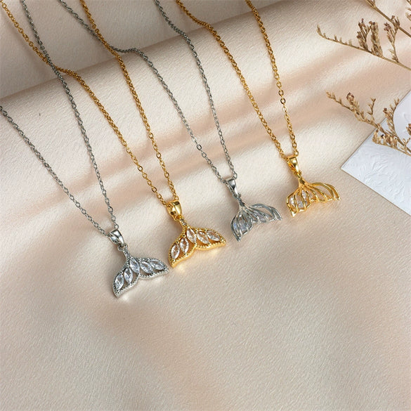 Women's Titanium Steel And Copper Fishtail Zircon Pendant Necklace With Mixed Gem Inlay And Electroplating Ochain Style Simple Design