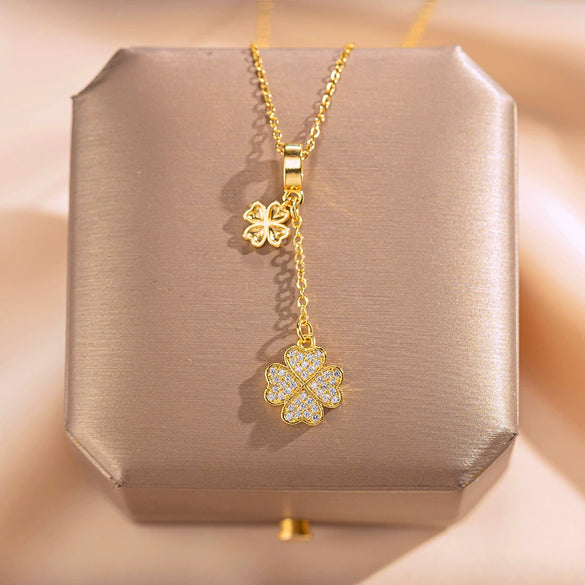 Women's Titanium Steel And Copper Fourleaf Clover Tassel Necklace With Letters Numbers Text Pattern Electroplated