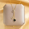 Women's Titanium Steel And Copper Geometric Double Pendant Tassel Four Leaf Flower Necklace With Diamond Treatment