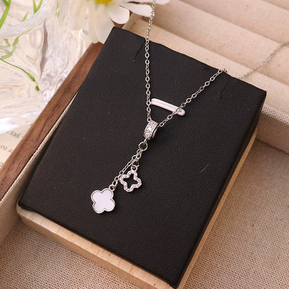 Women's Titanium Steel And Copper Geometric Double Pendant Tassel Four Leaf Flower Necklace With Diamond Treatment