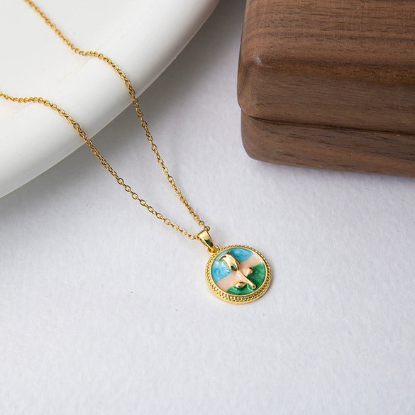 Women's Titanium Steel And Copper Necklace With French Rose Round Pendant And Electroplating Design