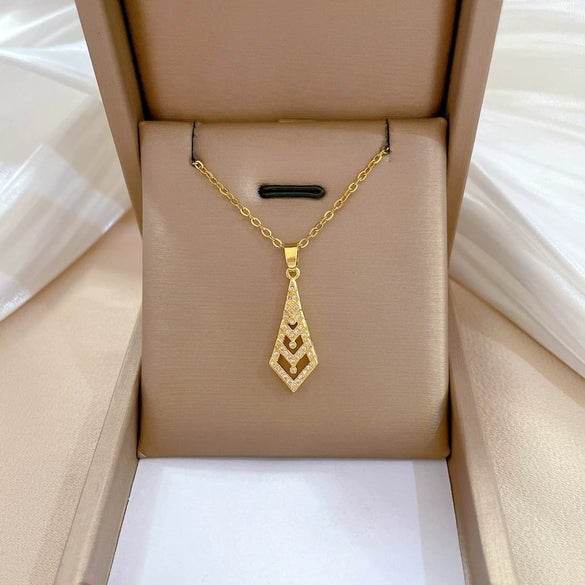 Women's Titanium Steel And Copper Necklace With Geometric Design And Diamond Microinlay
