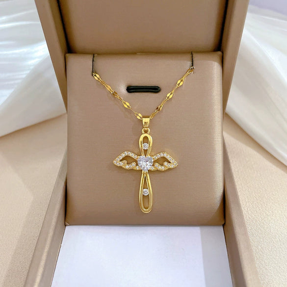 Women's Titanium Steel And Copper Necklace With Geometric Design And Diamond Microinlay