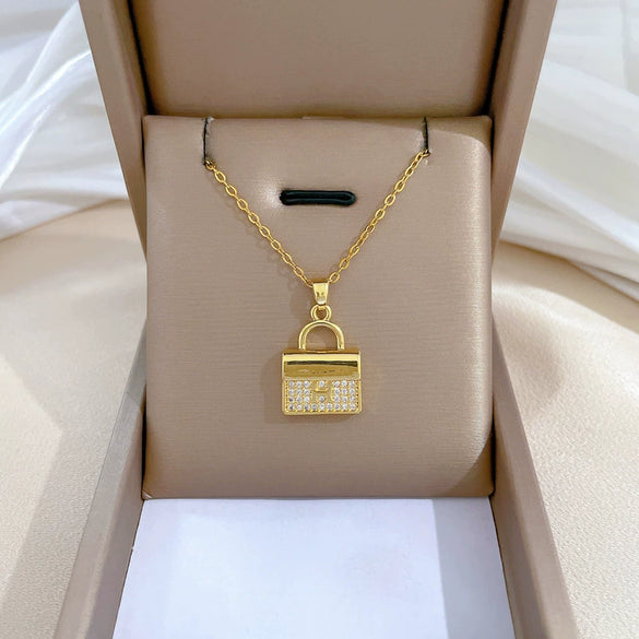 Women's Titanium Steel And Copper Necklace With Geometric Design And Diamond Microinlay