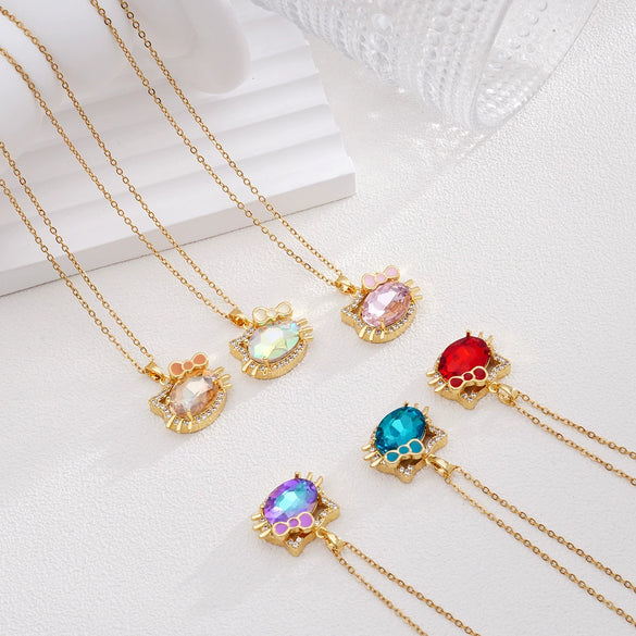 Women's Titanium Steel And Copper Necklace With 18K Gold Plated Ktm Cat Cartoon Pendant And Mixed Gemstone Inlay Electroplated O Chain Style