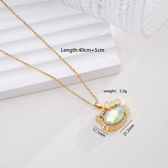 Women's Titanium Steel And Copper Necklace With 18K Gold Plated Ktm Cat Cartoon Pendant And Mixed Gemstone Inlay Electroplated O Chain Style