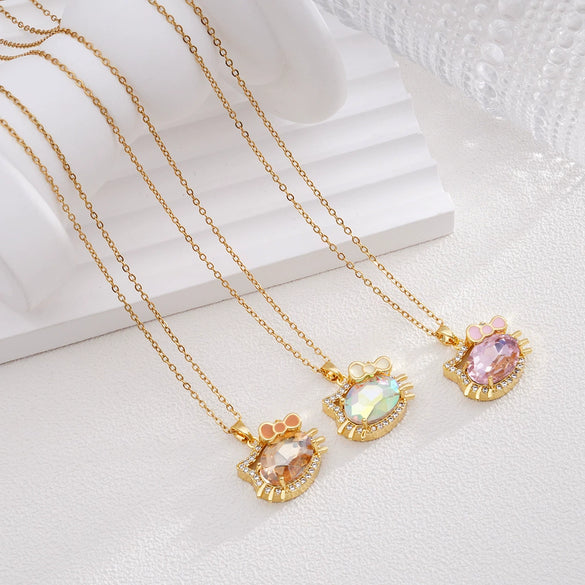 Women's Titanium Steel And Copper Necklace With 18K Gold Plated Ktm Cat Cartoon Pendant And Mixed Gemstone Inlay Electroplated O Chain Style