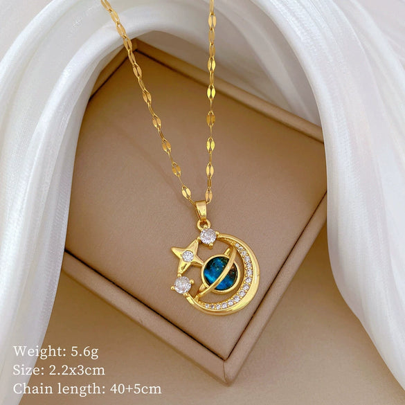 Women's Titanium Steel And Copper Necklace With Planet Starry Sky Geometric Pattern And Diamond Microinlay Design