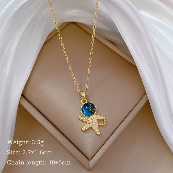 Women's Titanium Steel And Copper Necklace With Planet Starry Sky Geometric Pattern And Diamond Microinlay Design