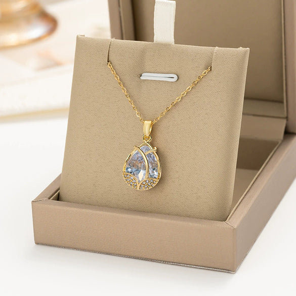 Women's Titanium Steel And Copper Tulip Pendant Necklace With Geometric Pattern And Diamond Design