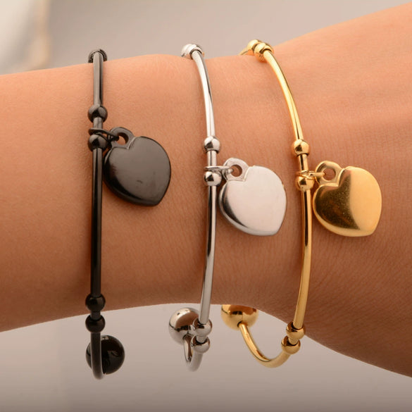 Women's Titanium Steel And Leather Cord Heart Shape Pendant Bracelet With Geometric Pattern And Electroplating