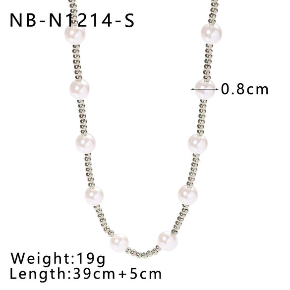 Women's Titanium Steel And Pearl Beaded Collarbone Chain Necklace Set With Geometric Pattern And 18K Vacuum Plating In Furnace
