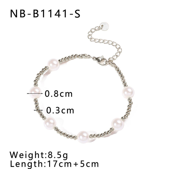 Women's Titanium Steel And Pearl Beaded Collarbone Chain Necklace Set With Geometric Pattern And 18K Vacuum Plating In Furnace