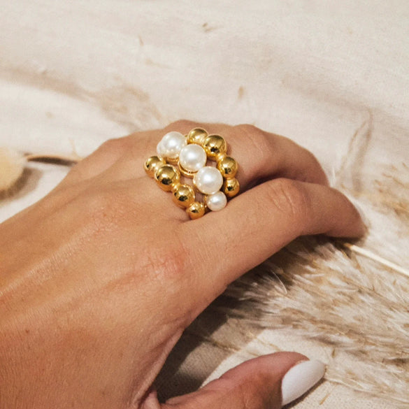 Women's Titanium Steel And Pearl Geometric Ring With Electroplating Design Jewelry