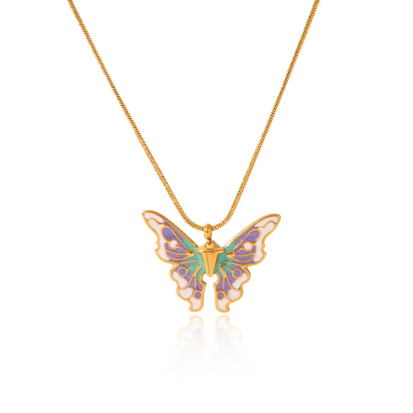 Women's Titanium Steel And Stainless Steel Enamel Butterfly Pendant Necklace With Geometric And Animal Pattern And Dripping Oil Design Snake Bone Chain